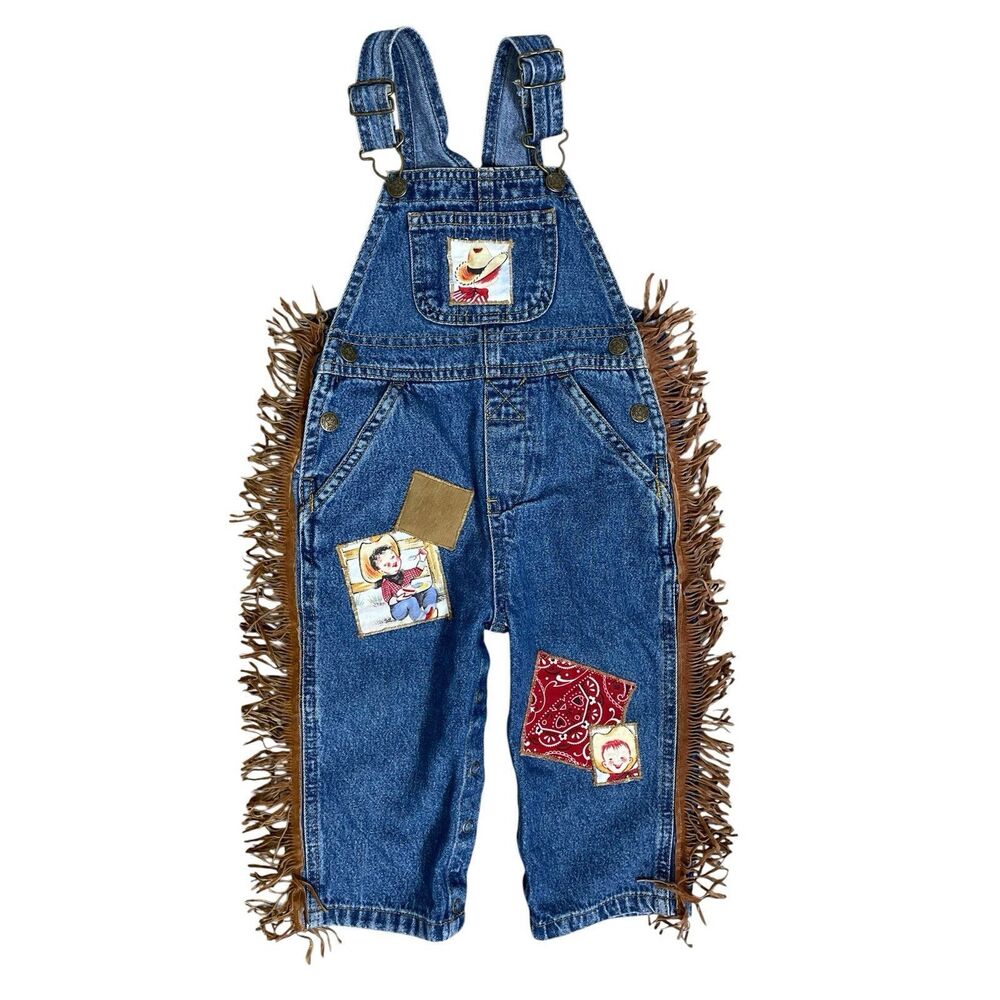 Michael Named Vintage Faded Glory Kids Cowboy Denim Overalls Western Fringe